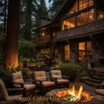 Cozy cabin nestled in nature with a warm fireplace and serene surroundings.