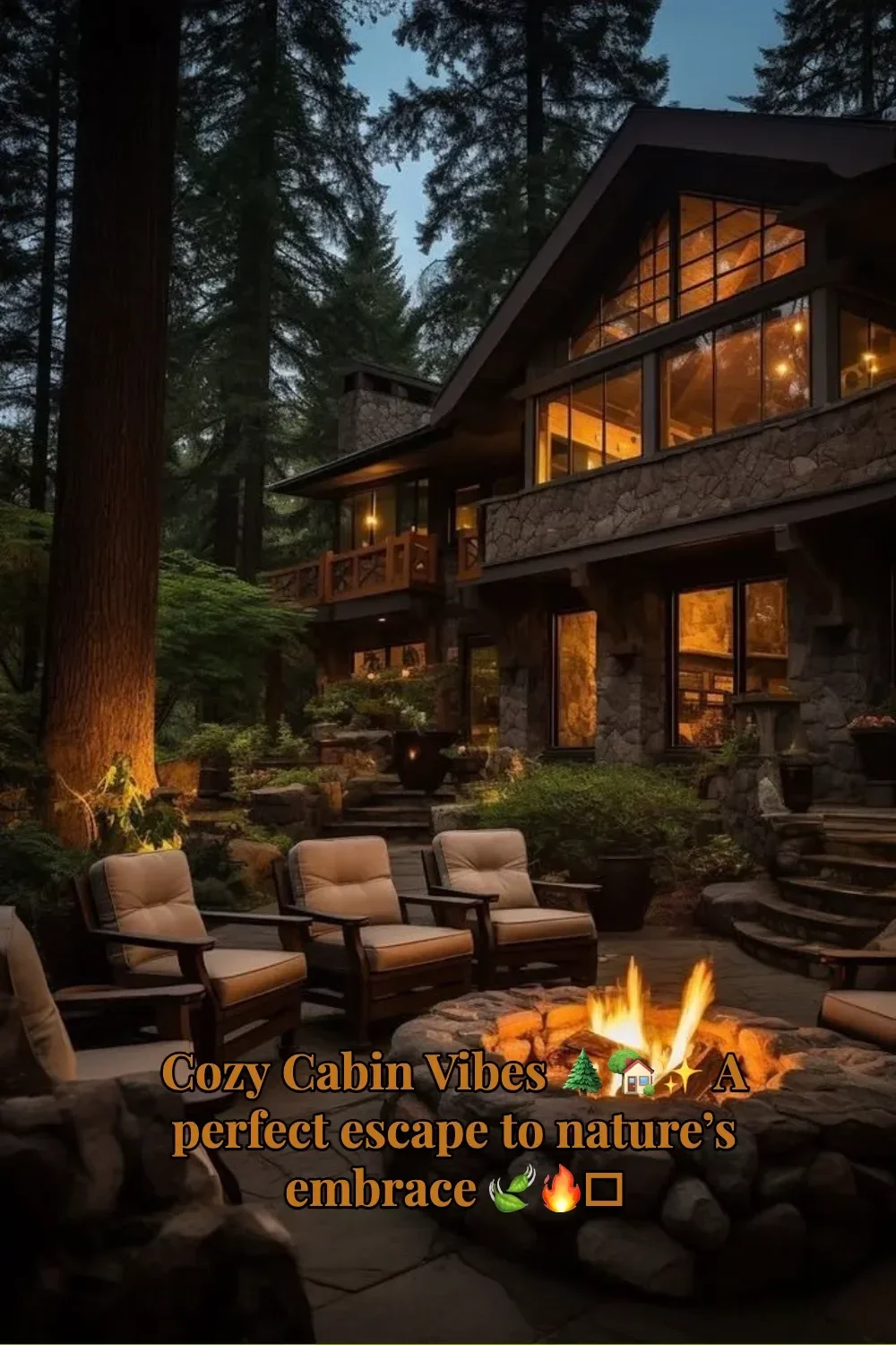Cozy cabin nestled in nature with a warm fireplace and serene surroundings.