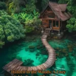 A cozy cabin nestled in the woods, surrounded by lush trees and peaceful nature.