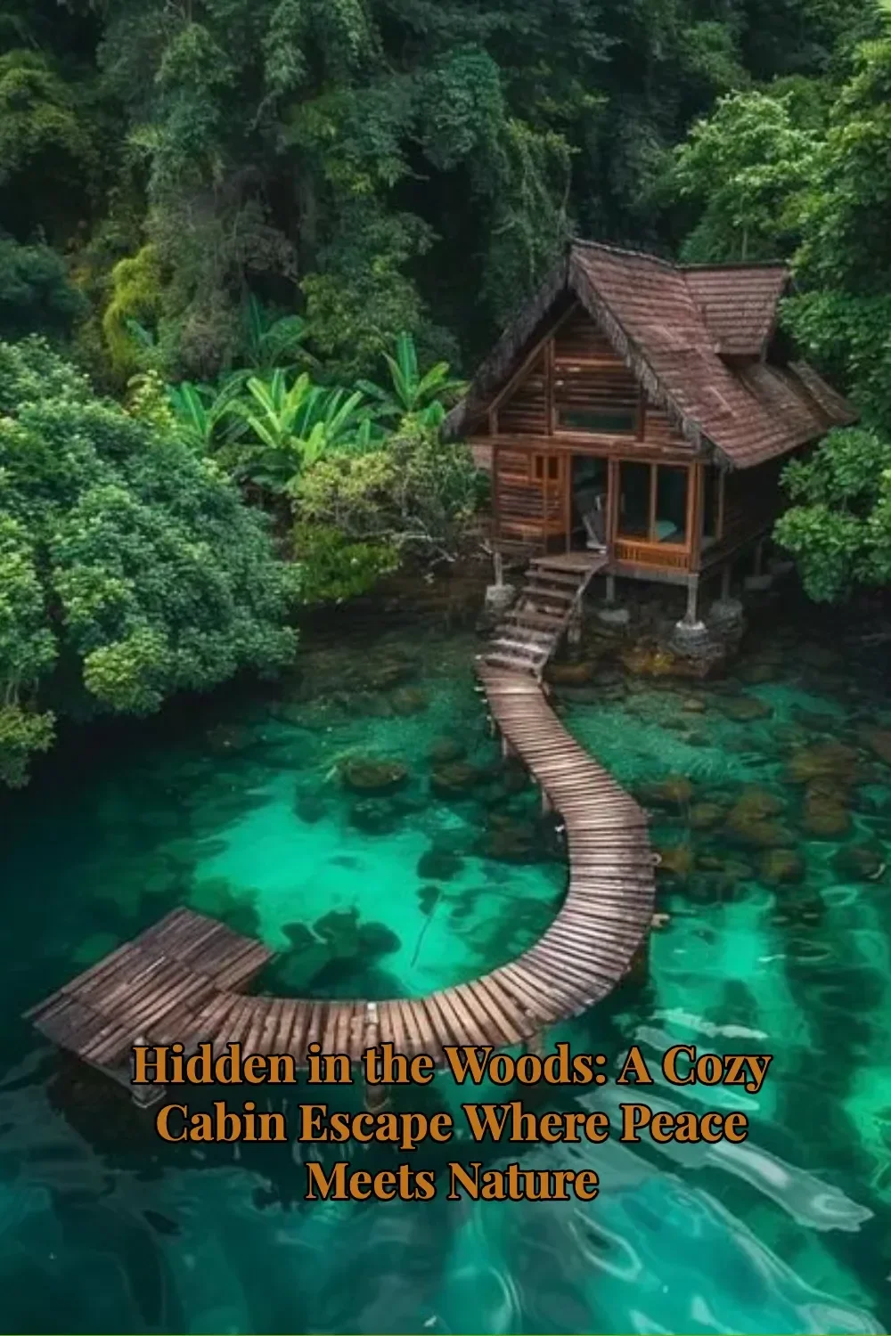 A cozy cabin nestled in the woods, surrounded by lush trees and peaceful nature.