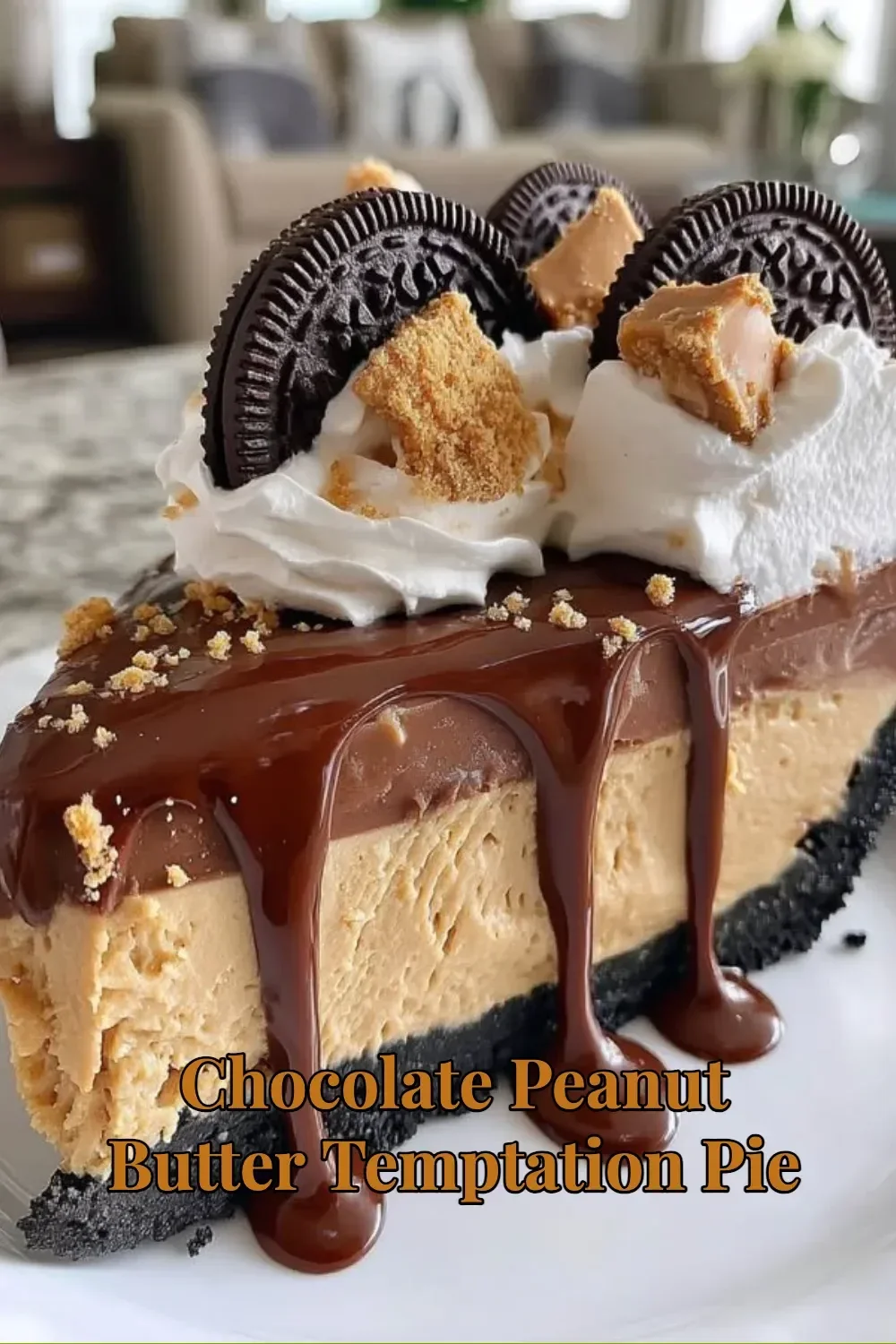Delicious Chocolate Peanut Butter Pie garnished with chocolate drizzle and peanuts