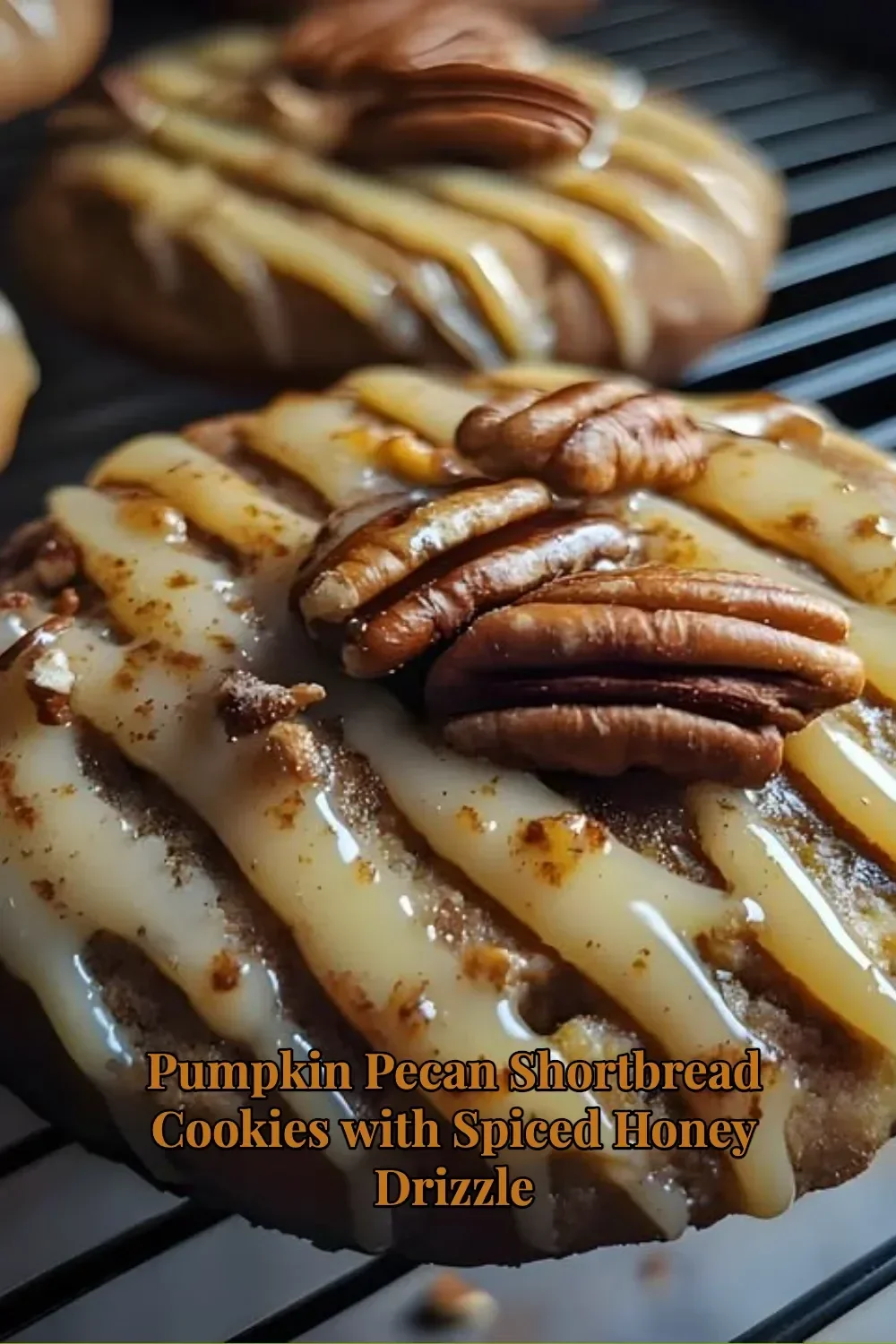 Pumpkin Pecan Shortbread Cookies drizzled with spiced honey on a plate