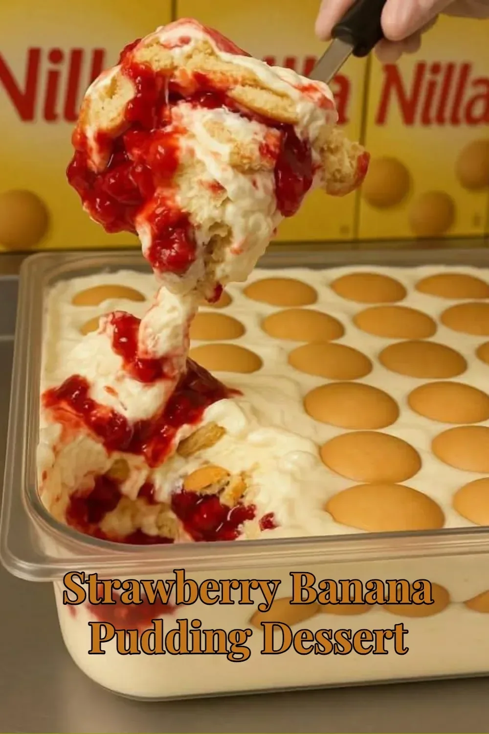 Delicious strawberry banana pudding dessert topped with fresh strawberries and bananas