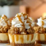 Delicious Apple Crisp Mini Cheesecakes topped with apple crisp and caramel