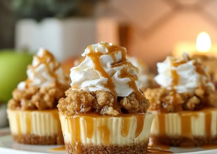 Delicious Apple Crisp Mini Cheesecakes topped with apple crisp and caramel