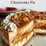 Delicious caramel apple cheesecake pie garnished with fresh apples and caramel sauce