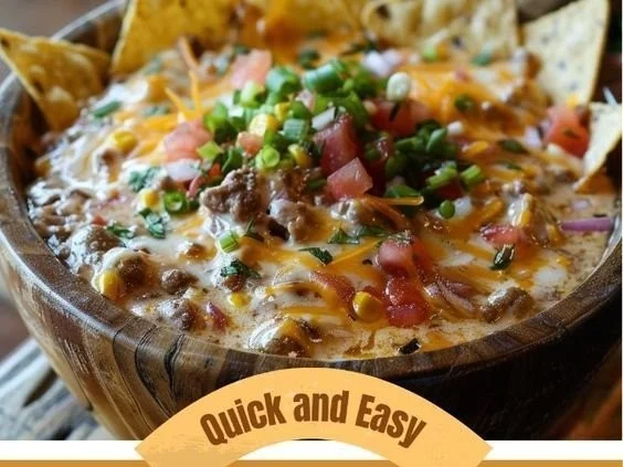 Delicious cheesy bean dip served in a bowl with tortilla chips
