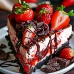 Delicious Chocolate Strawberry Cheesecake topped with fresh strawberries