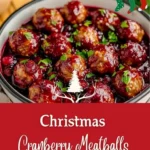 Festive Christmas Cranberry Meatballs served on a platter, garnished with herbs.