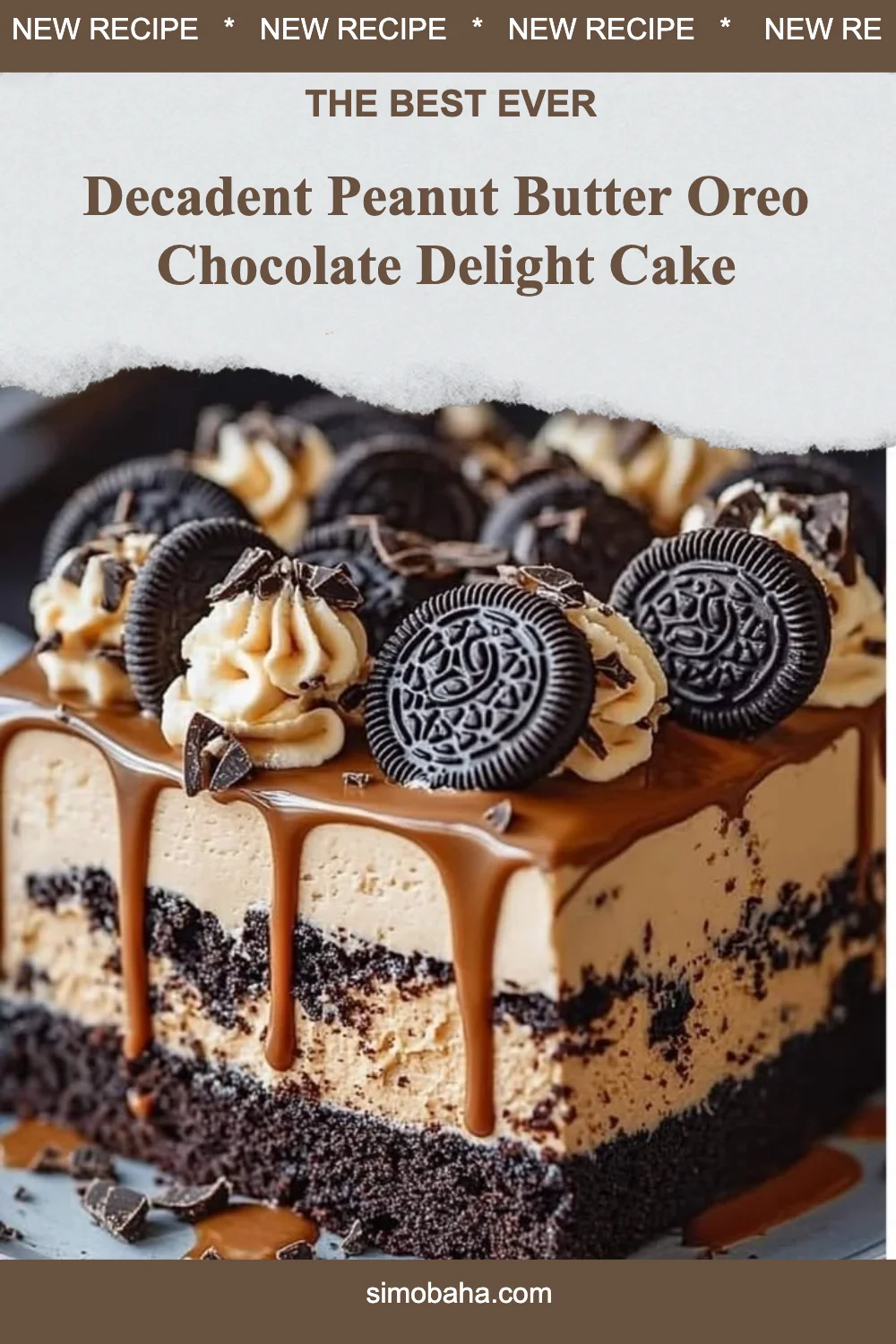 Decadent Peanut Butter Oreo Chocolate Delight Cake topped with crushed Oreos