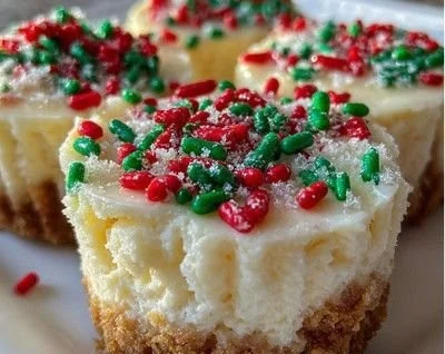Delicious mini Christmas cheesecakes topped with festive decorations