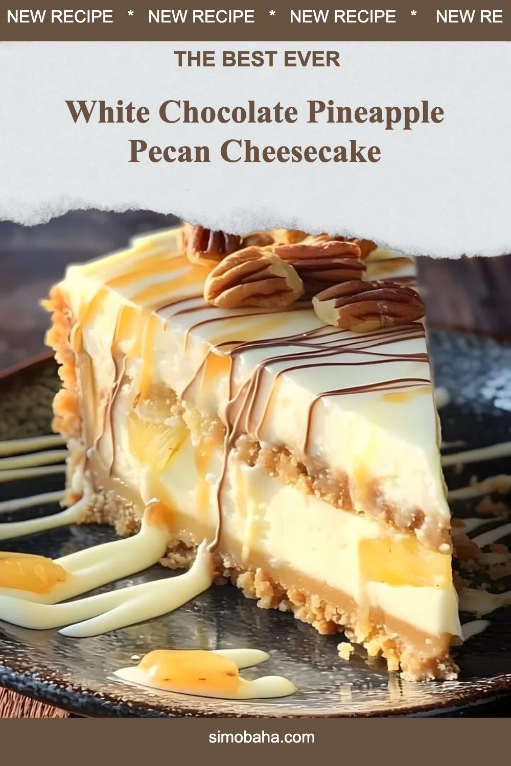 Slice of White Chocolate Pineapple Pecan Cheesecake with garnish