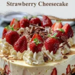 Delicious white chocolate strawberry cheesecake topped with fresh strawberries