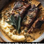 Braised short ribs served with creamy herb sauce and garnished with fresh herbs