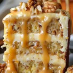 Delicious Caramel Pecan Layer Cake with caramel drizzle and pecan toppings