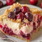 Delicious Cherry Cream Cheese Dump Cake served on a plate with cherries on top