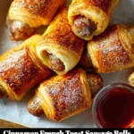 Cinnamon French Toast Sausage Rolls with syrup and berries on a plate