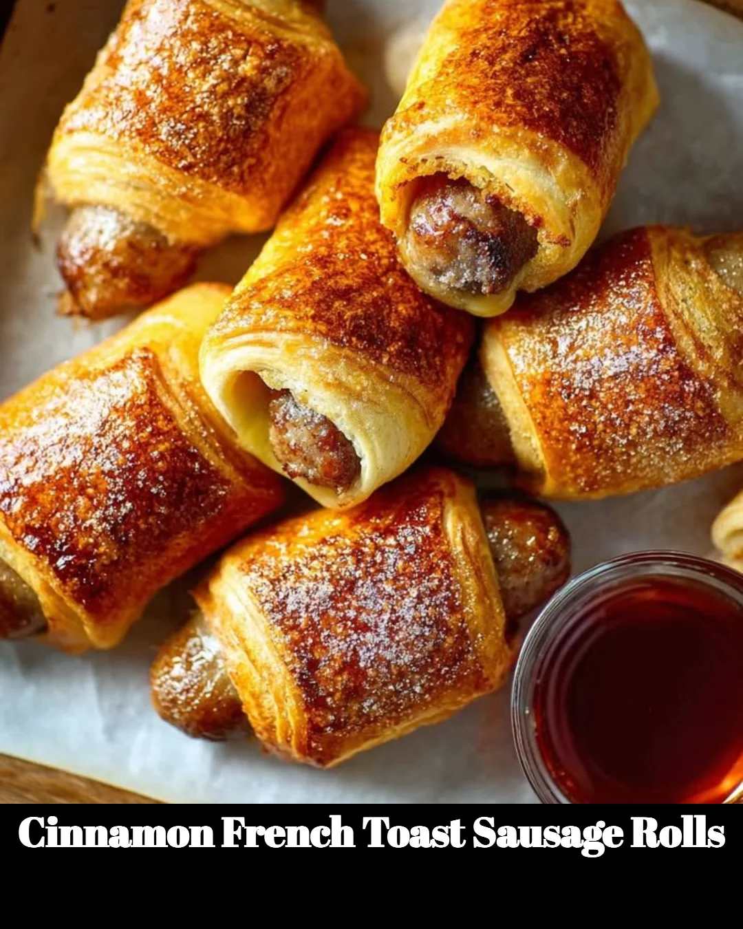 Cinnamon French Toast Sausage Rolls with syrup and berries on a plate