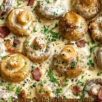 Creamy garlic mushrooms with crispy bacon and Parmesan served in a bowl
