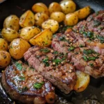 Delicious garlic butter steak with roasted potatoes on a plate