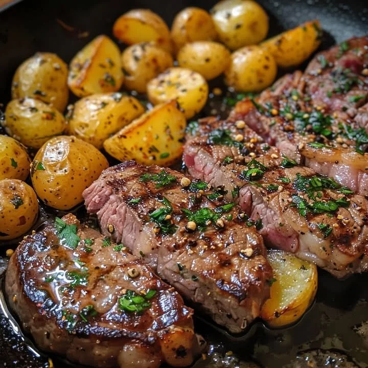 Delicious garlic butter steak with roasted potatoes on a plate