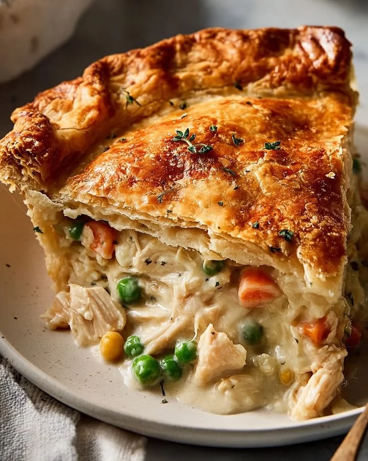 Golden Chicken Pot Pie with a flaky buttery crust, filled with tender chicken and vegetables