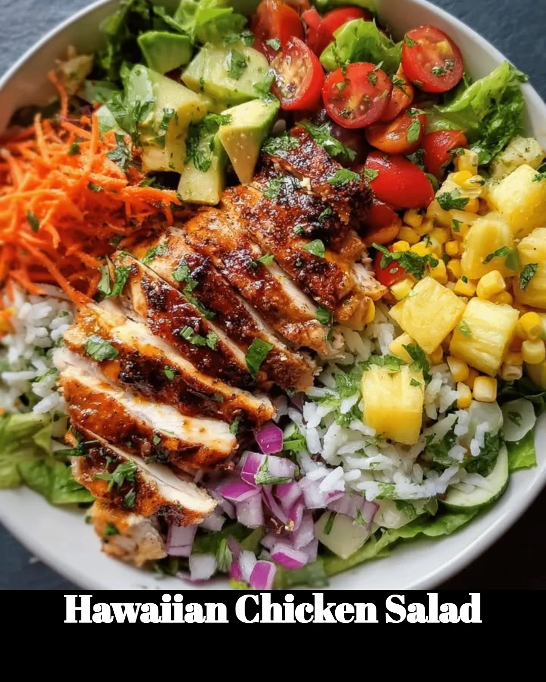 Delicious Hawaiian Chicken Salad with tropical fruits and grilled chicken