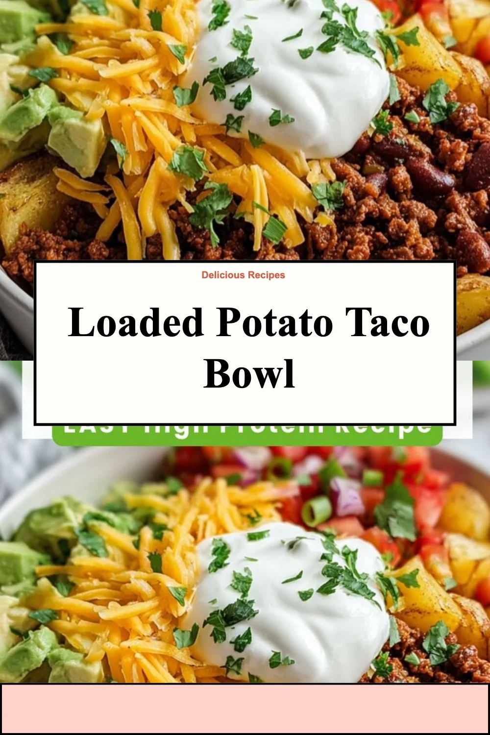 Delicious loaded potato taco bowl topped with fresh ingredients