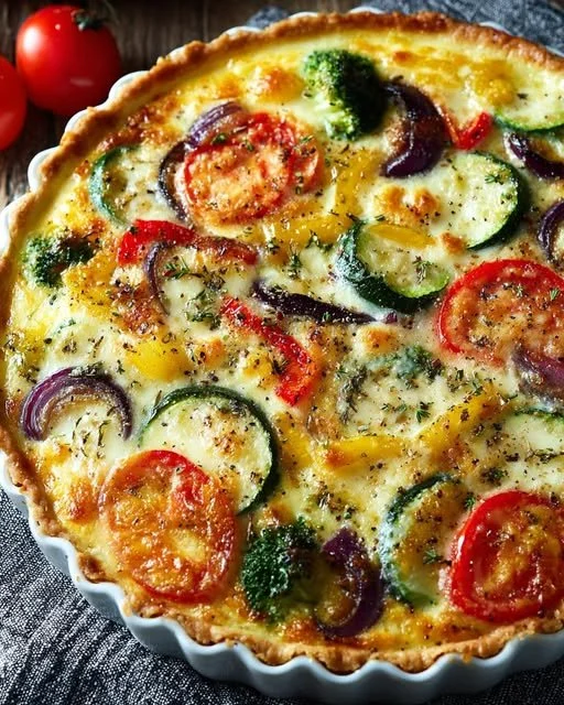 Deliciously baked mixed vegetable quiche with colorful vegetables and flaky crust