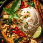 Bowl of Simple Thai Coconut Chicken Noodle Soup with fresh herbs and spices.