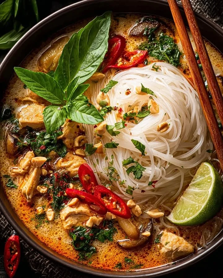 Bowl of Simple Thai Coconut Chicken Noodle Soup with fresh herbs and spices.