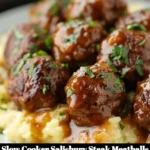 Slow Cooker Salisbury Steak Meatballs served on a plate