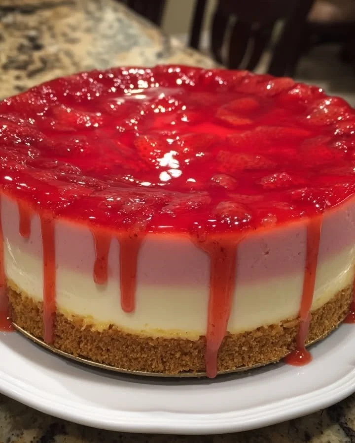 Strawberry and white chocolate mousse cake decorated with fresh strawberries