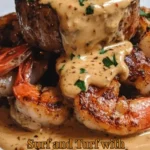 Delicious Surf and Turf with Creamy Garlic Sauce served on a plate