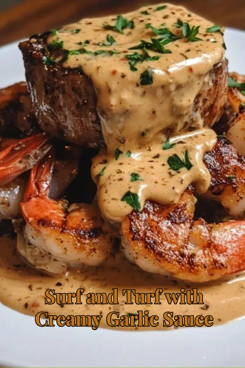 Delicious Surf and Turf with Creamy Garlic Sauce served on a plate