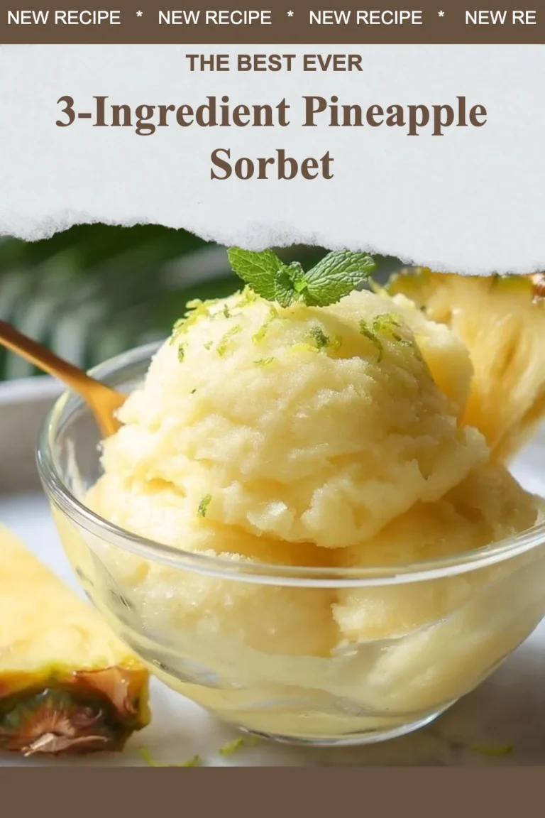 Delicious 3-ingredient pineapple sorbet served in a bowl with a fresh pineapple slice.