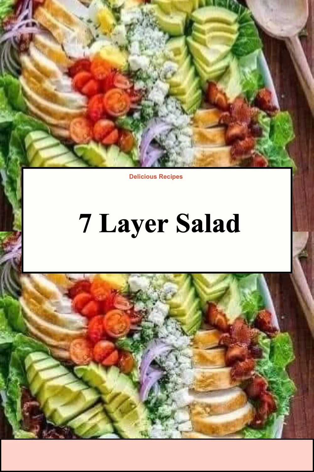 An enticing 7 layer salad with colorful ingredients layered in a bowl.