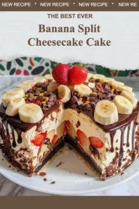 Delicious Banana Split Cheesecake Cake topped with banana slices and chocolate drizzle