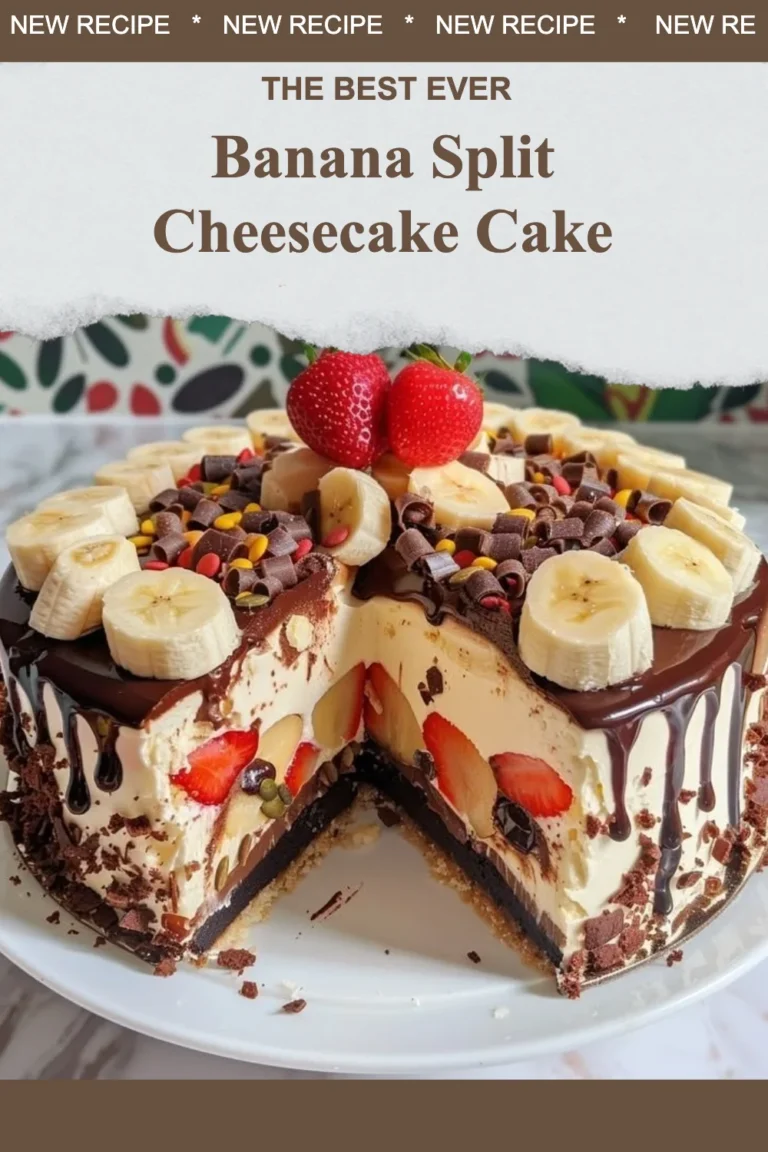 Delicious Banana Split Cheesecake Cake topped with banana slices and chocolate drizzle