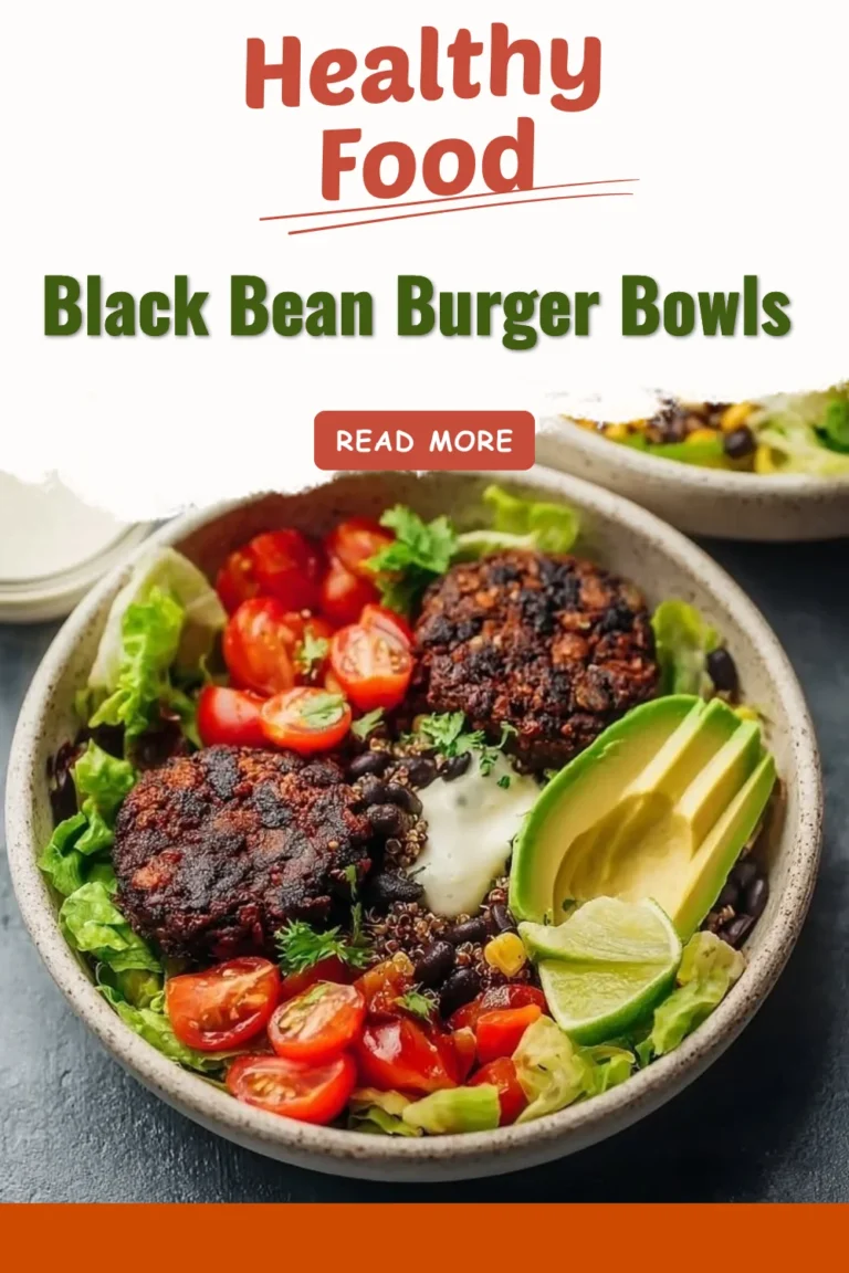 Delicious black bean burger bowls topped with fresh vegetables and sauces.