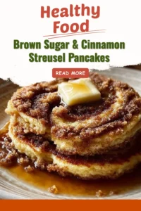 Delicious brown sugar and cinnamon streusel pancakes served on a breakfast plate.