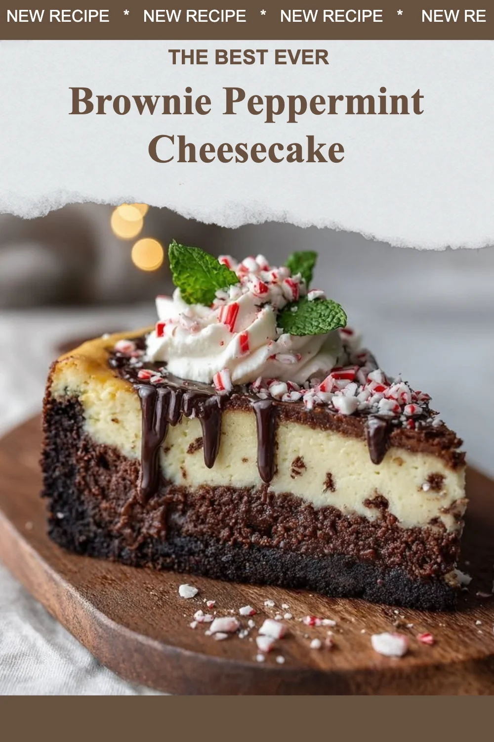 Brownie Peppermint Cheesecake with layers of chocolate and peppermint cream