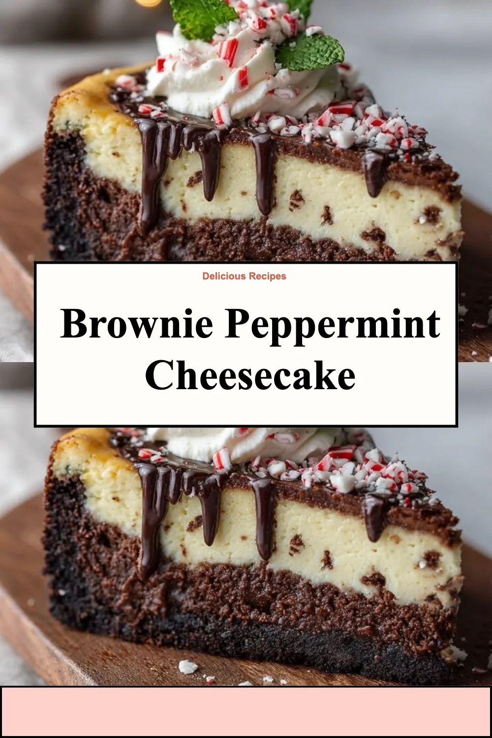 Delicious Brownie Peppermint Cheesecake garnished with mint leaves and chocolate shavings