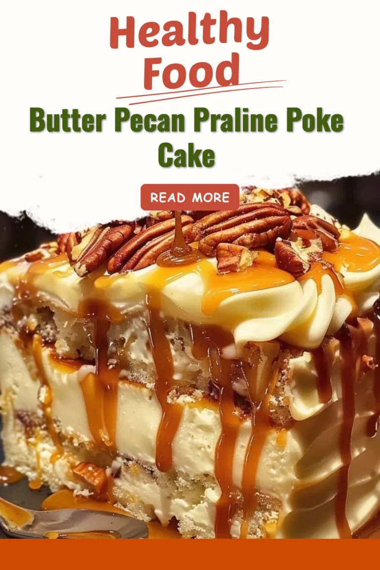 Delicious Butter Pecan Praline Poke Cake topped with nuts and caramel drizzle.