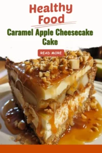 Delicious Caramel Apple Cheesecake Cake topped with caramel and apple slices.