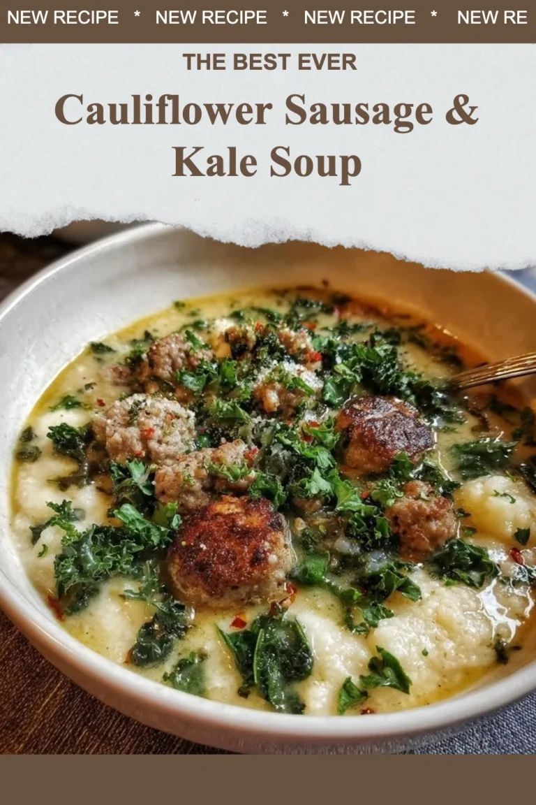 Bowl of Cauliflower Sausage & Kale Soup garnished with herbs