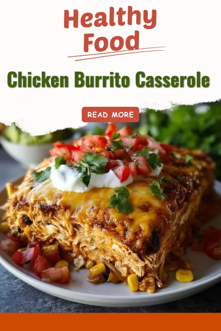 Delicious Chicken Burrito Casserole topped with cheese and fresh ingredients