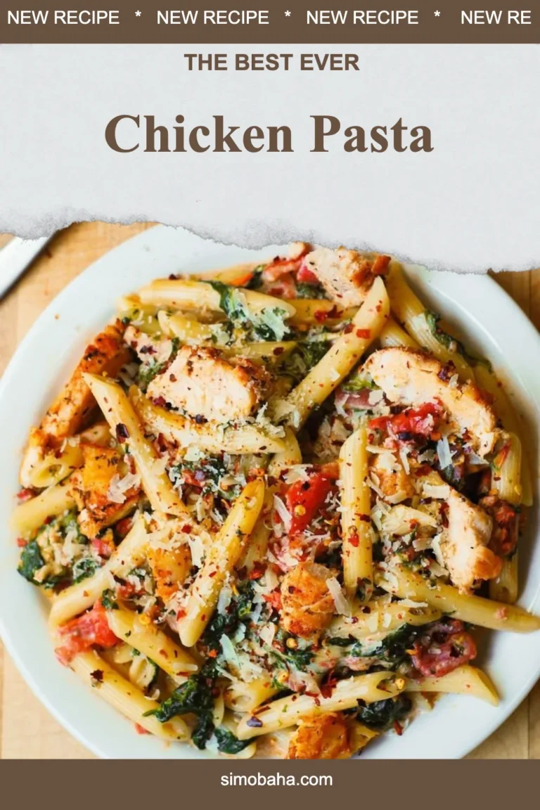 Plate of creamy Chicken Pasta with fresh herbs and vegetables