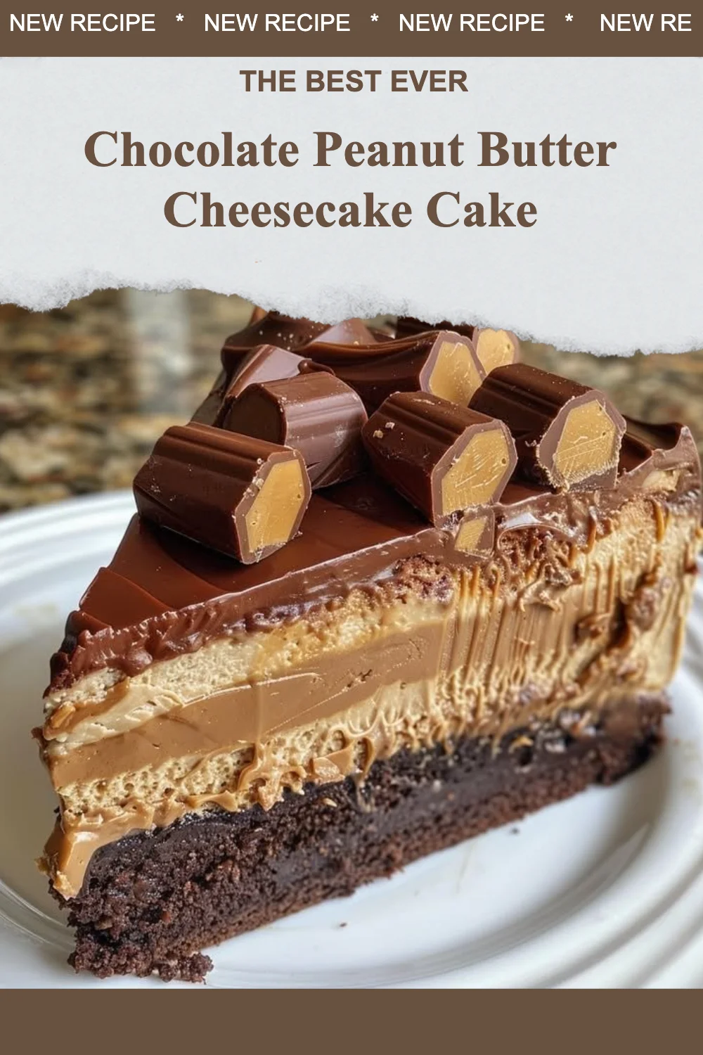 Delicious slice of Chocolate Peanut Butter Cheesecake Cake garnished with chocolate drizzle.
