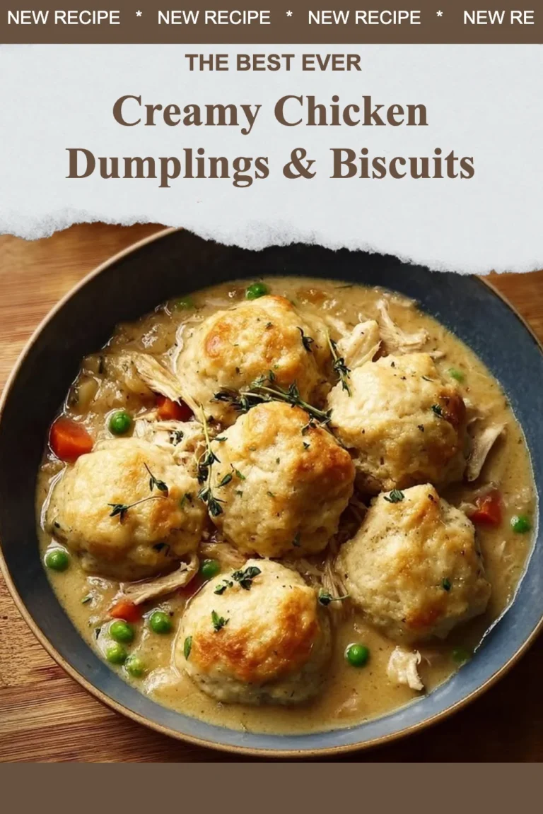 Bowl of creamy chicken dumplings and biscuits ready to serve